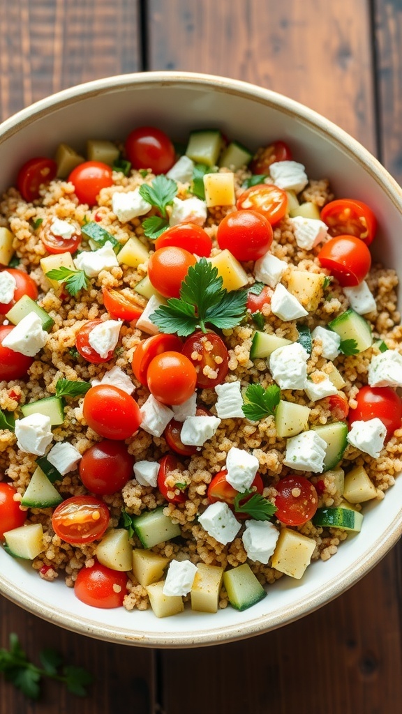 Mediterranean Quinoa Salad Recipe A colorful Mediterranean quinoa salad with cucumbers, tomatoes, olives, and feta cheese in a bowl on a wooden table.
